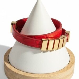 NWT A/X Armani Exchange Red Faux Leather Bracelet with Gold Bar Slider Accents